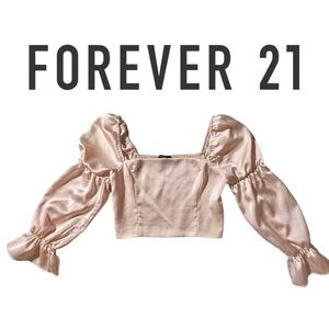 FOREVER 21 Light Peach Satin Crop Top Long Sleeve Blouse Smocked back Junior’s M